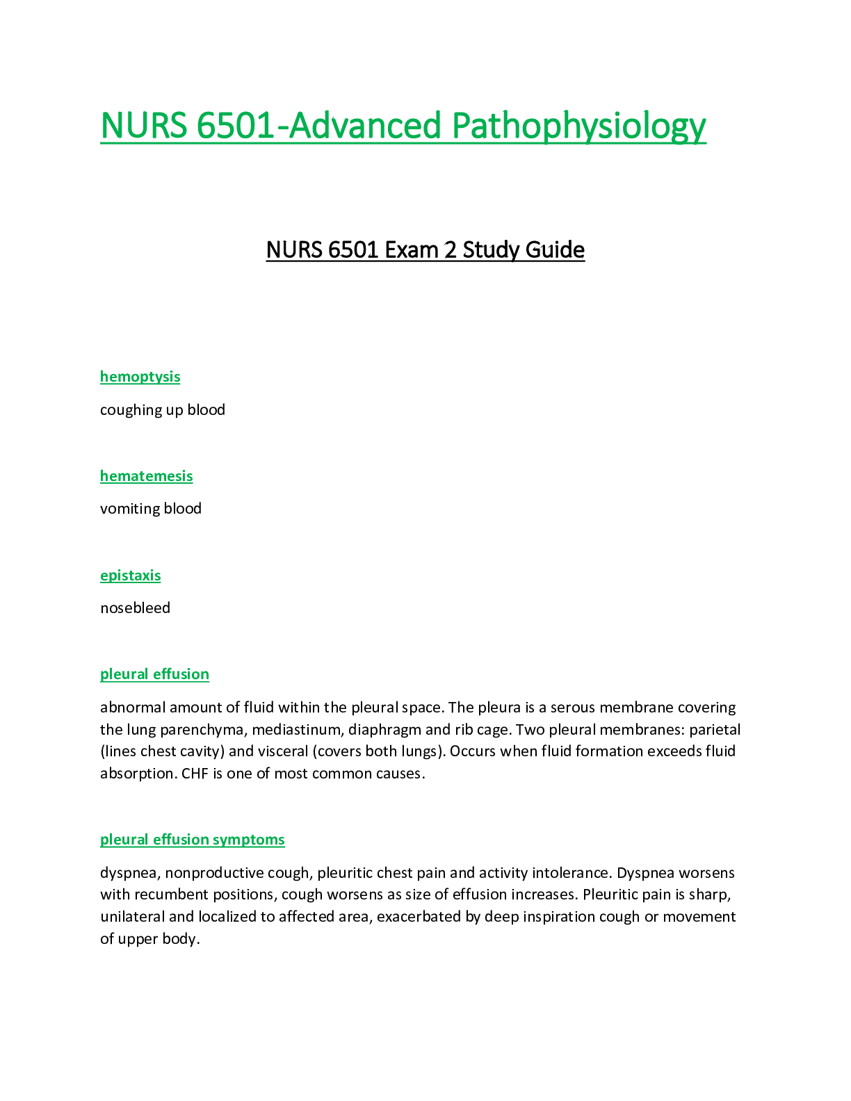 Preview of NURS 6501 / NURS6501 Exam 2 Study Guide  : Advanced Pathophysiology - Walden